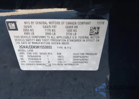 2017 Chevrolet Equinox Lt z USA, uszkodzony, nr VIN 2GNALCEK9H1550893